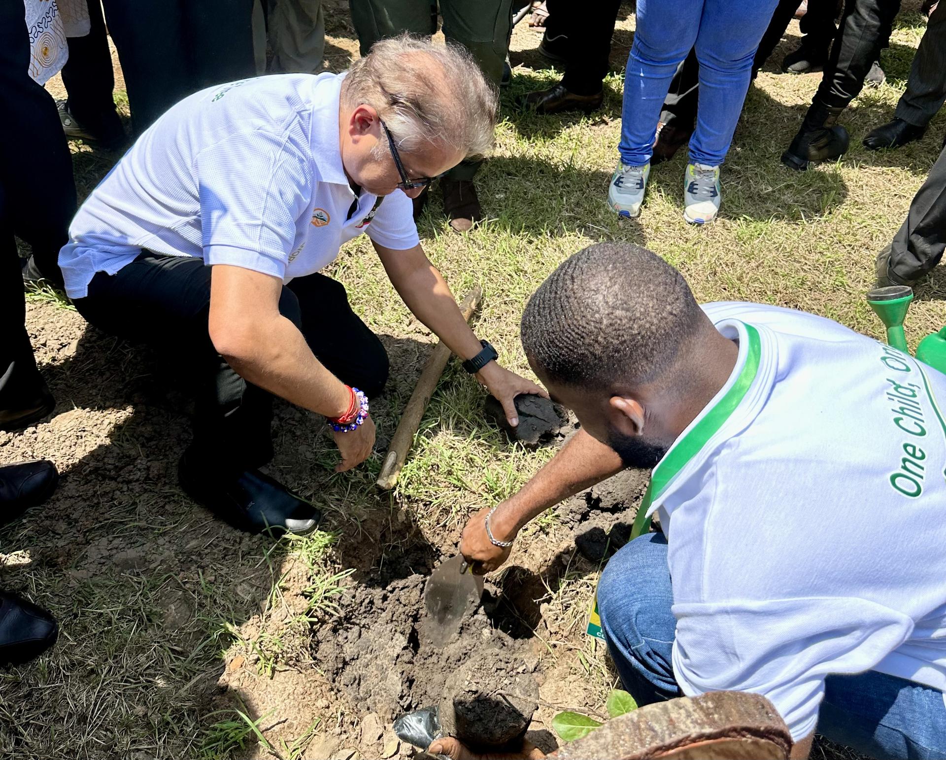 Two men planting a young tree in the ground, surrounded by onlookers.