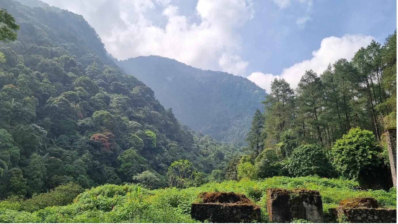 Lush green mountains under a partly cloudy sky with a vibrant valley below.