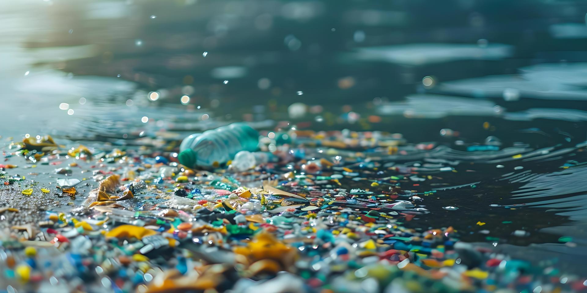 Litter and plastic waste scattered on the surface of water, glistening in sunlight.