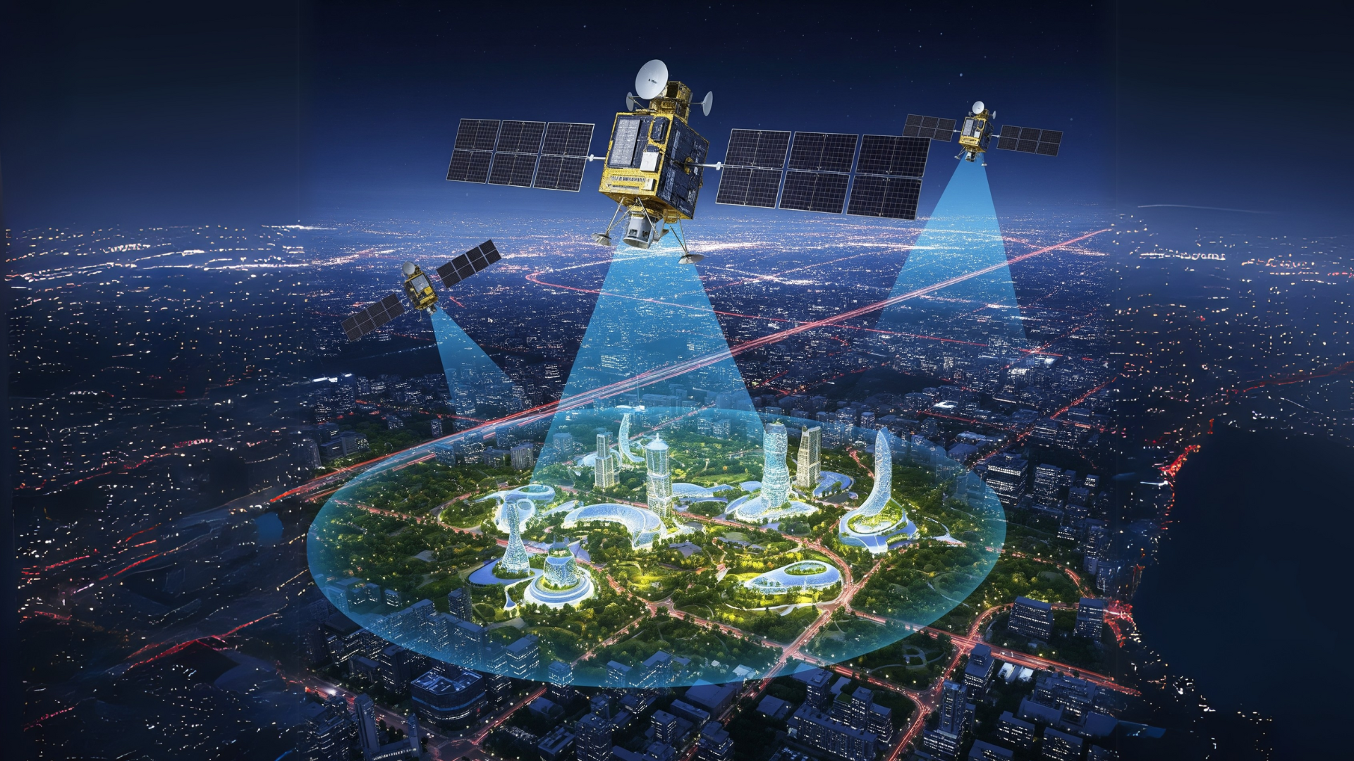 AI generated image of three satellites above a cityscape, projecting beams onto a circular area below.