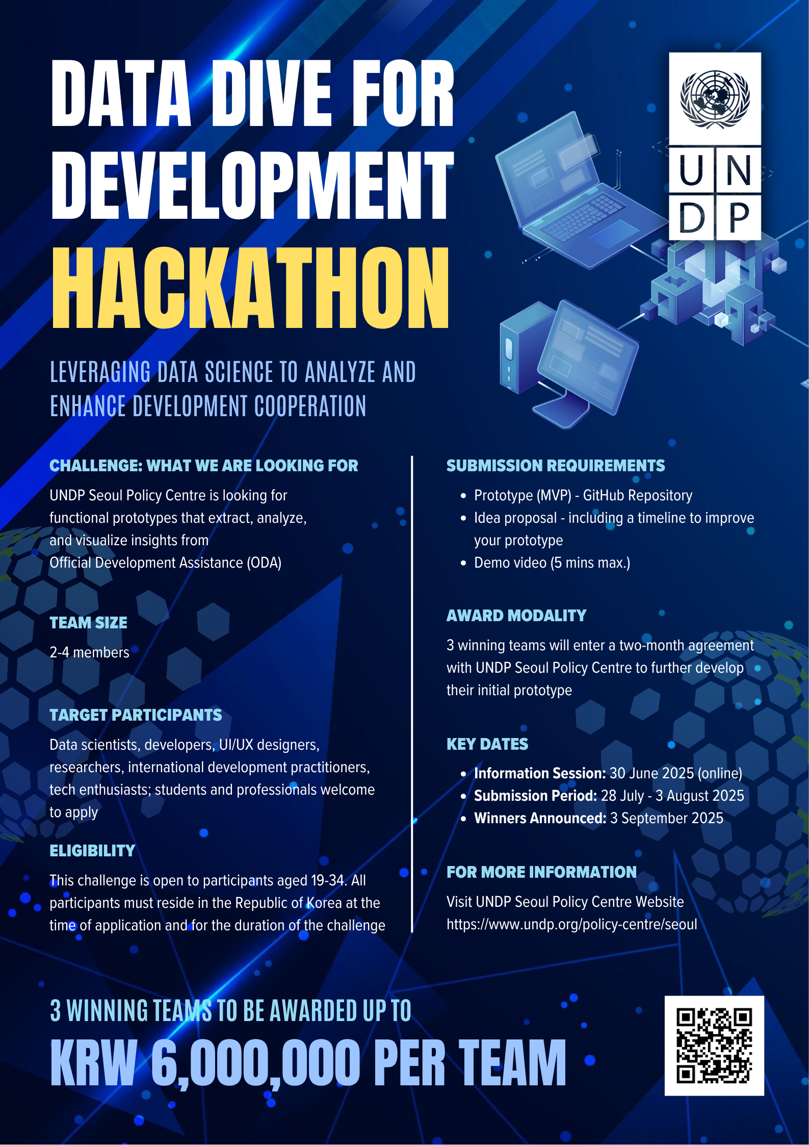 Blue poster for a hackathon titled "Data Dive for Development," featuring text about event details and prizes.