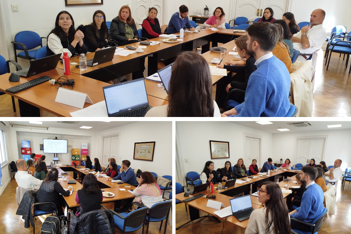 Group meeting with participants seated around a table, engaged in discussion.