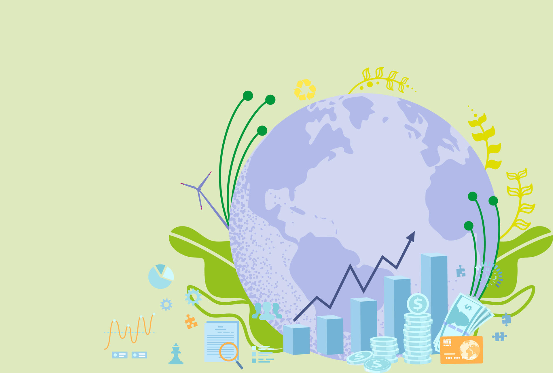 Illustration of the Earth surrounded by plants, graphs, and eco-friendly symbols.