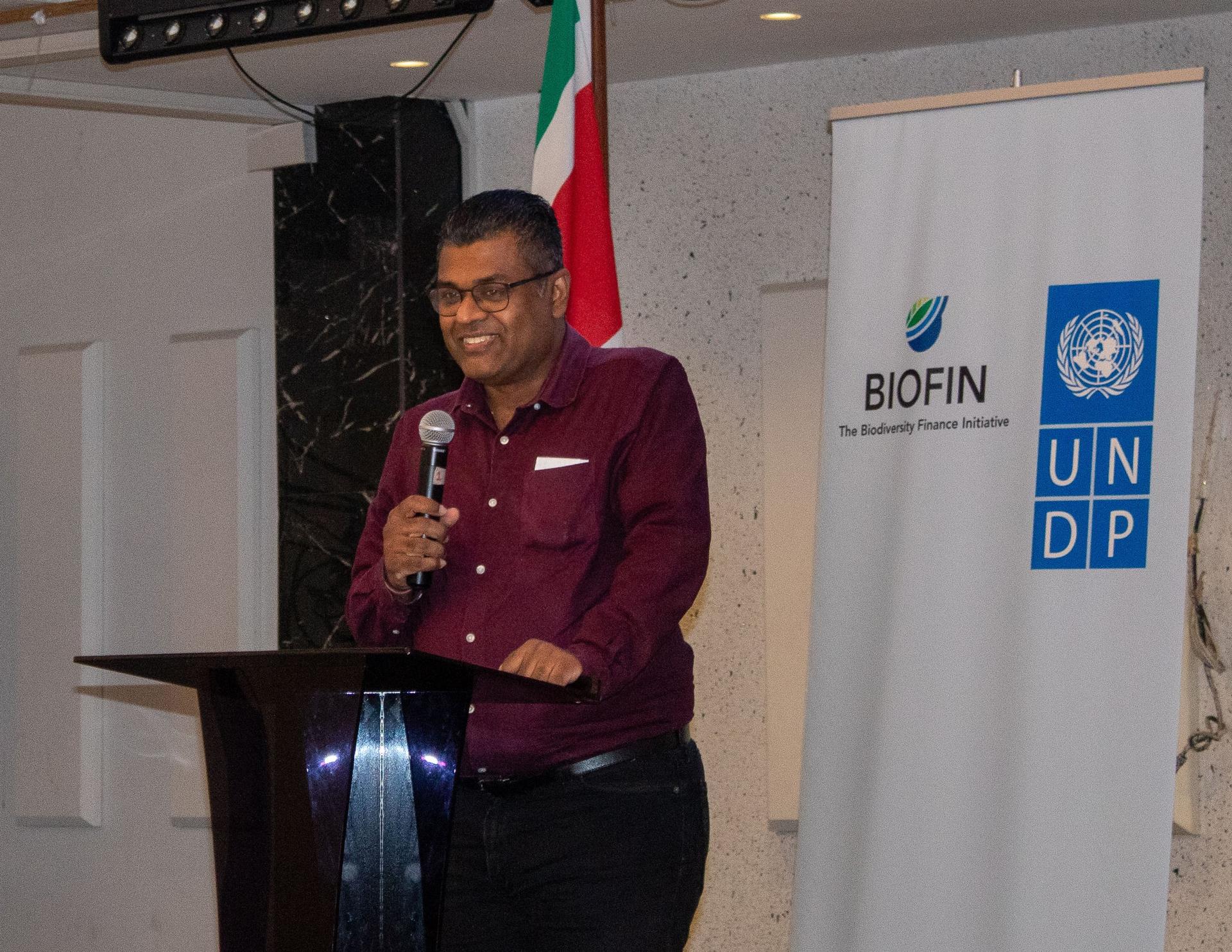 Director Ritesh Sardjoe from the ministry of Oil, Gas and environmental during his opening remarks at the Biofin workshop