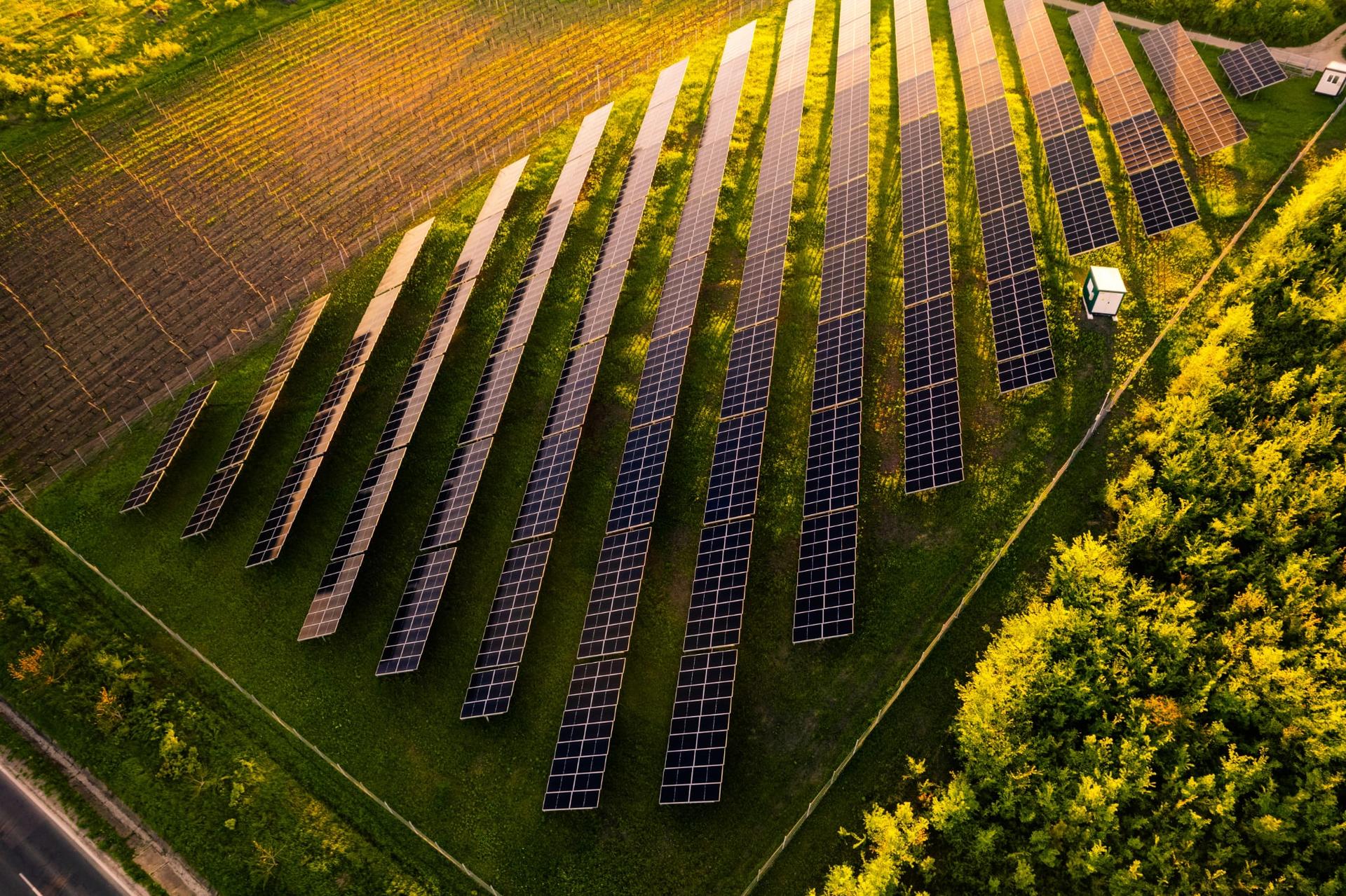 Aerial view of a solar panel field with rows of panels set in green land.