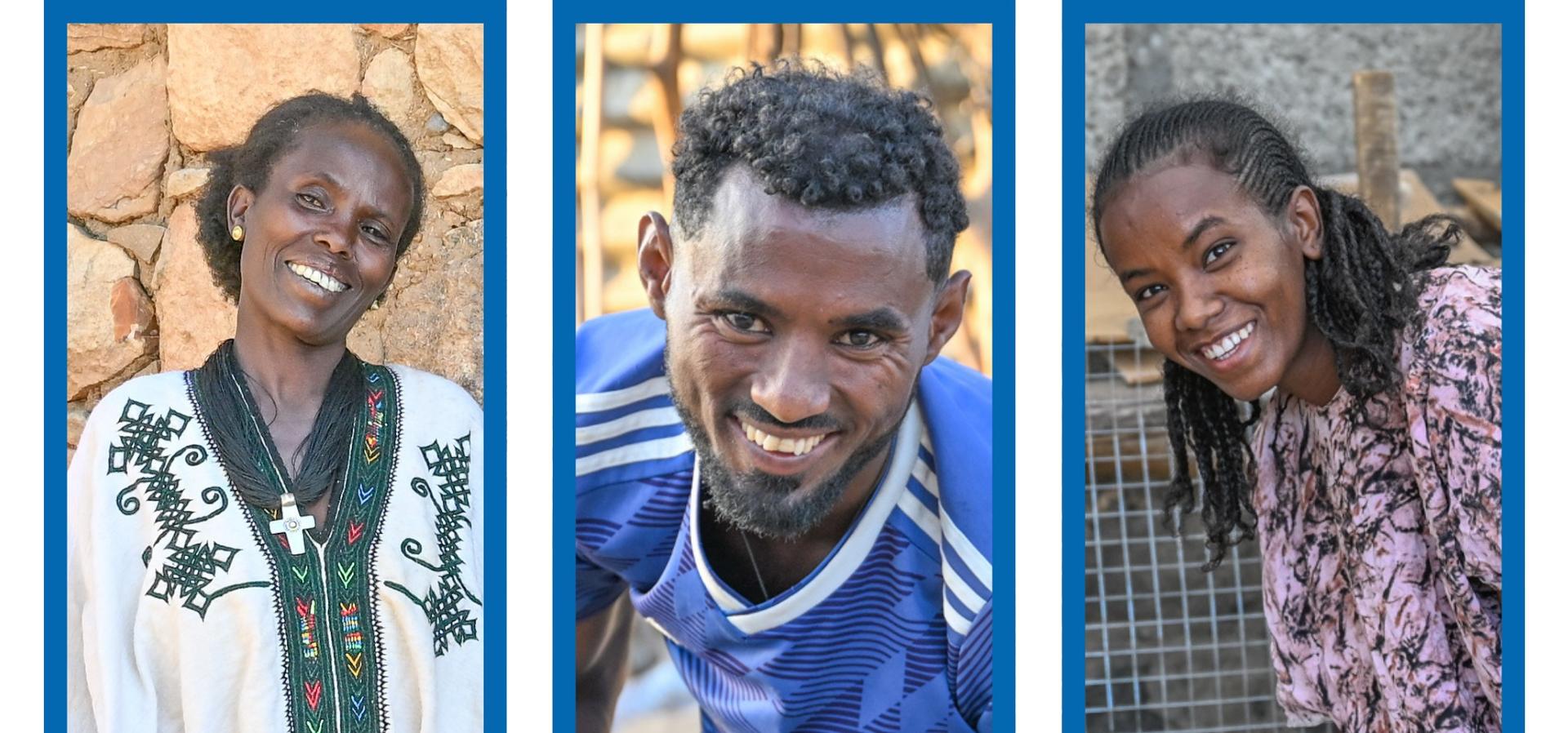 Three cheerful individuals posing in front of textured backgrounds, each wearing distinct clothing.