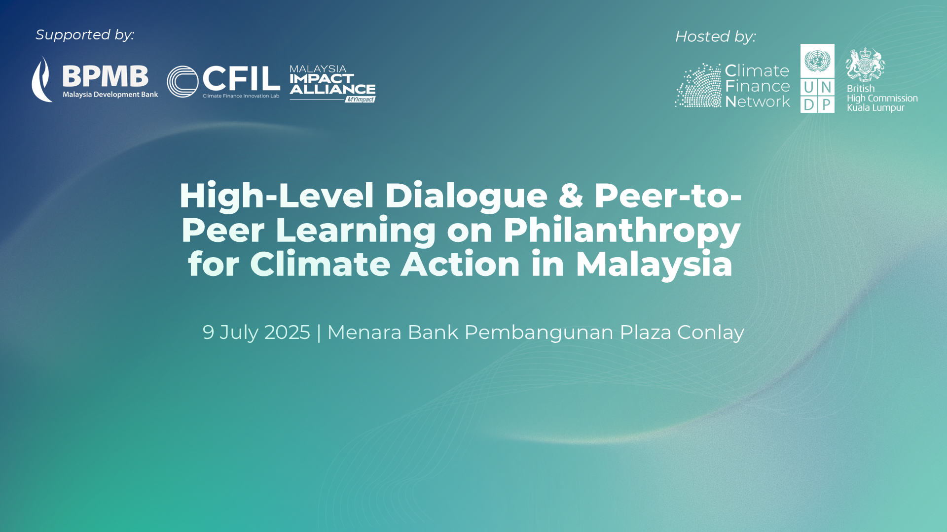 Gradient background with text for a climate action dialogue event in Malaysia.