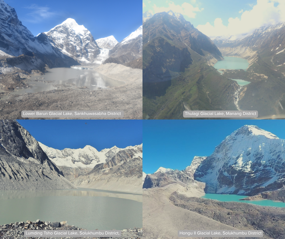 Four scenic views of glacial lakes surrounded by majestic mountains and clear skies.