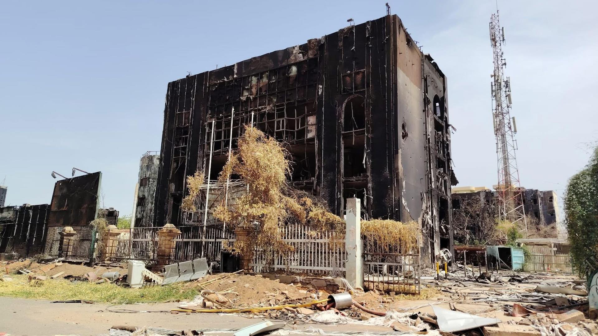 Burned building with charred walls and overgrown vegetation in a desolate area.