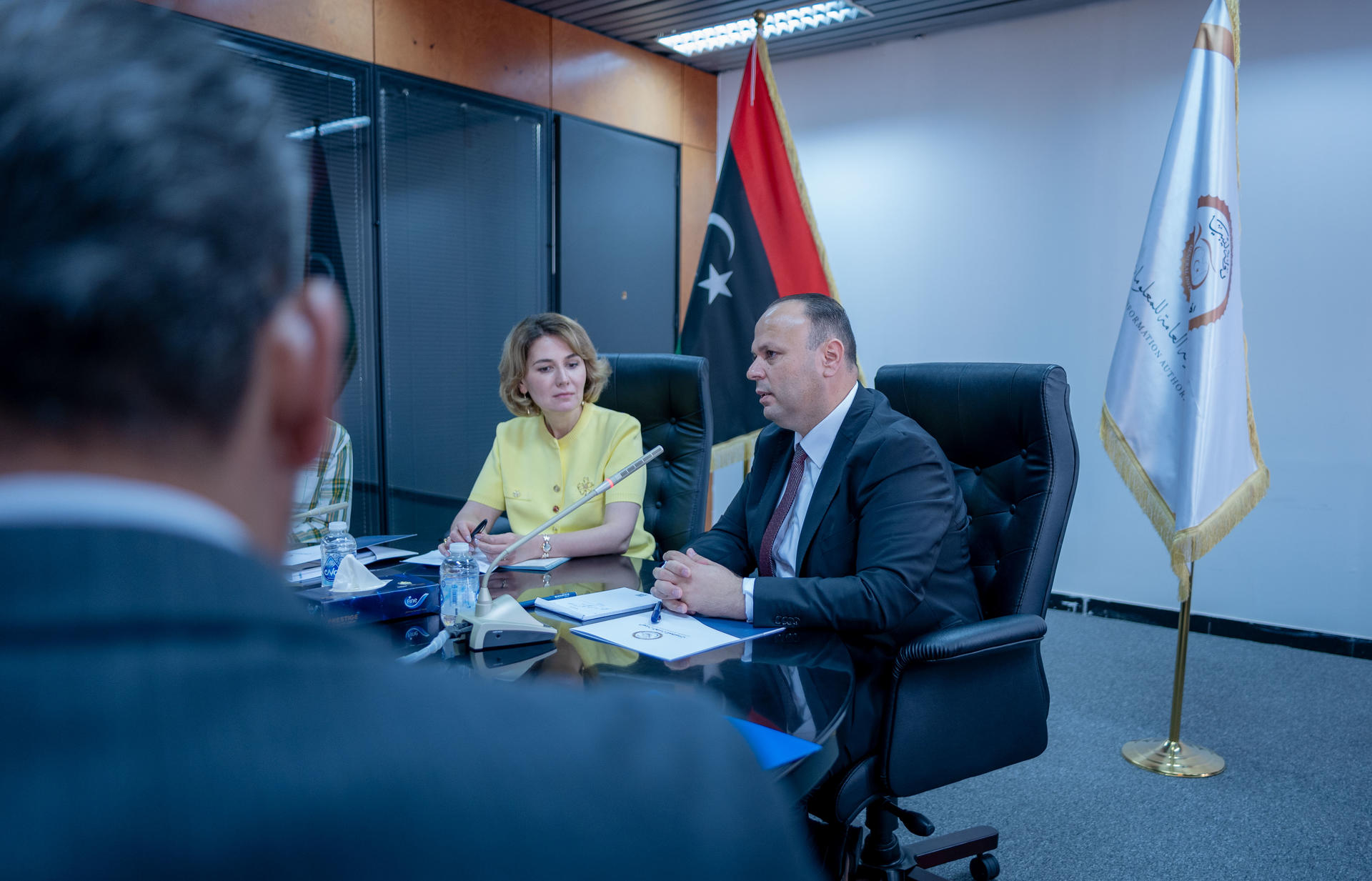 Two people in a meeting room discussing, with flags in the background and a blurred figure in front.
