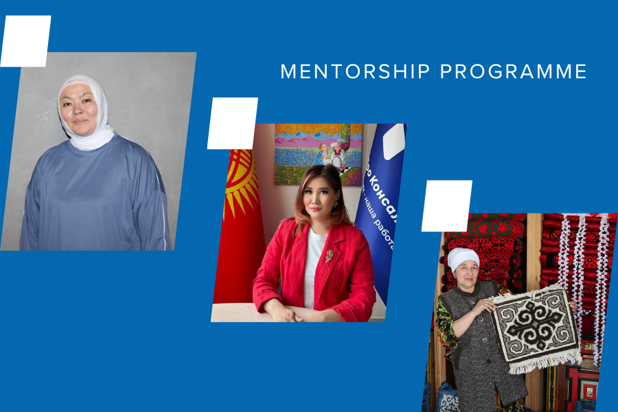 Three women in diverse attire, set against a blue background, promoting a mentorship program.
