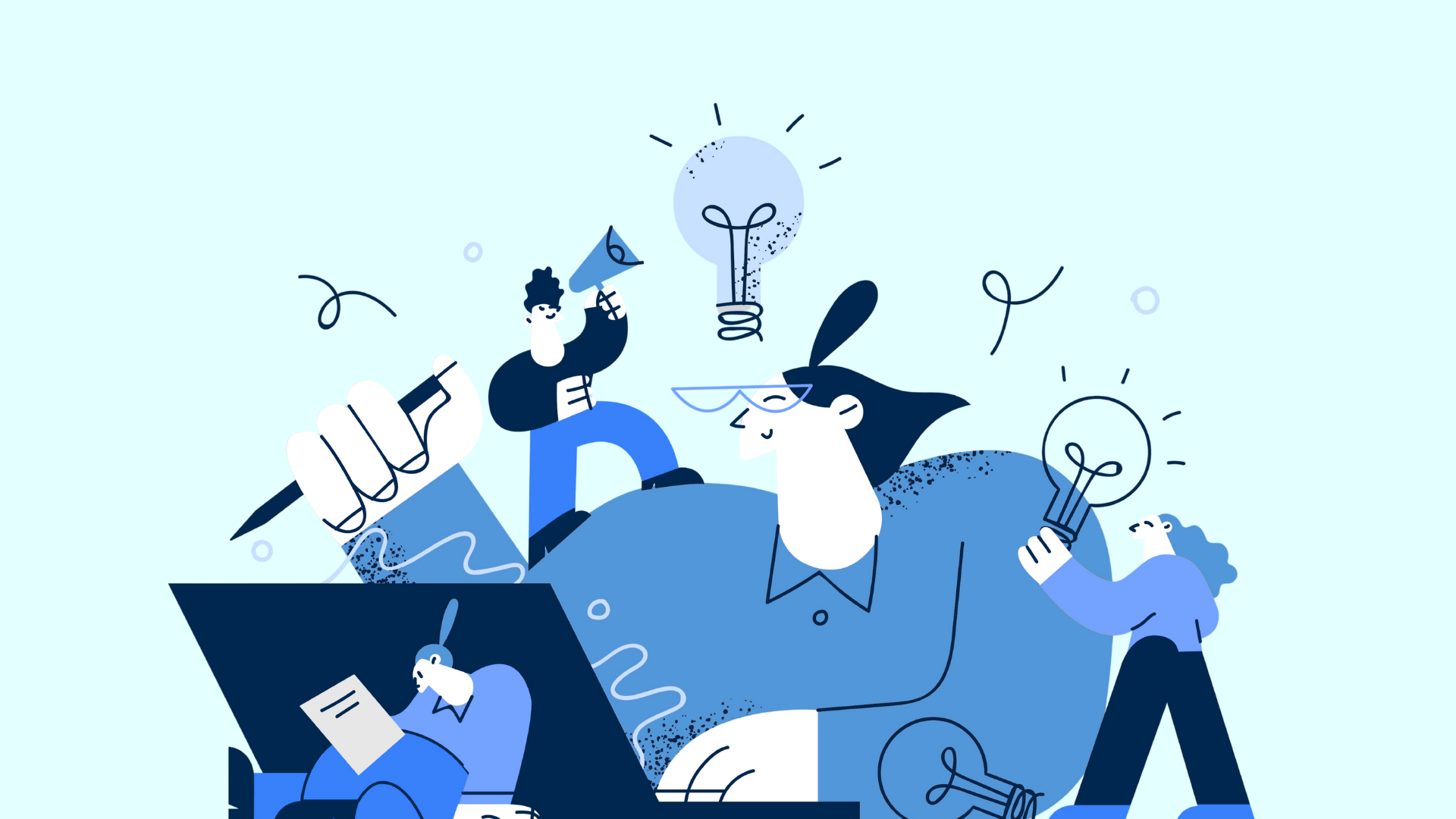 A person working on a laptop, surrounded by small figures holding light bulbs and tools, in blue tones.
