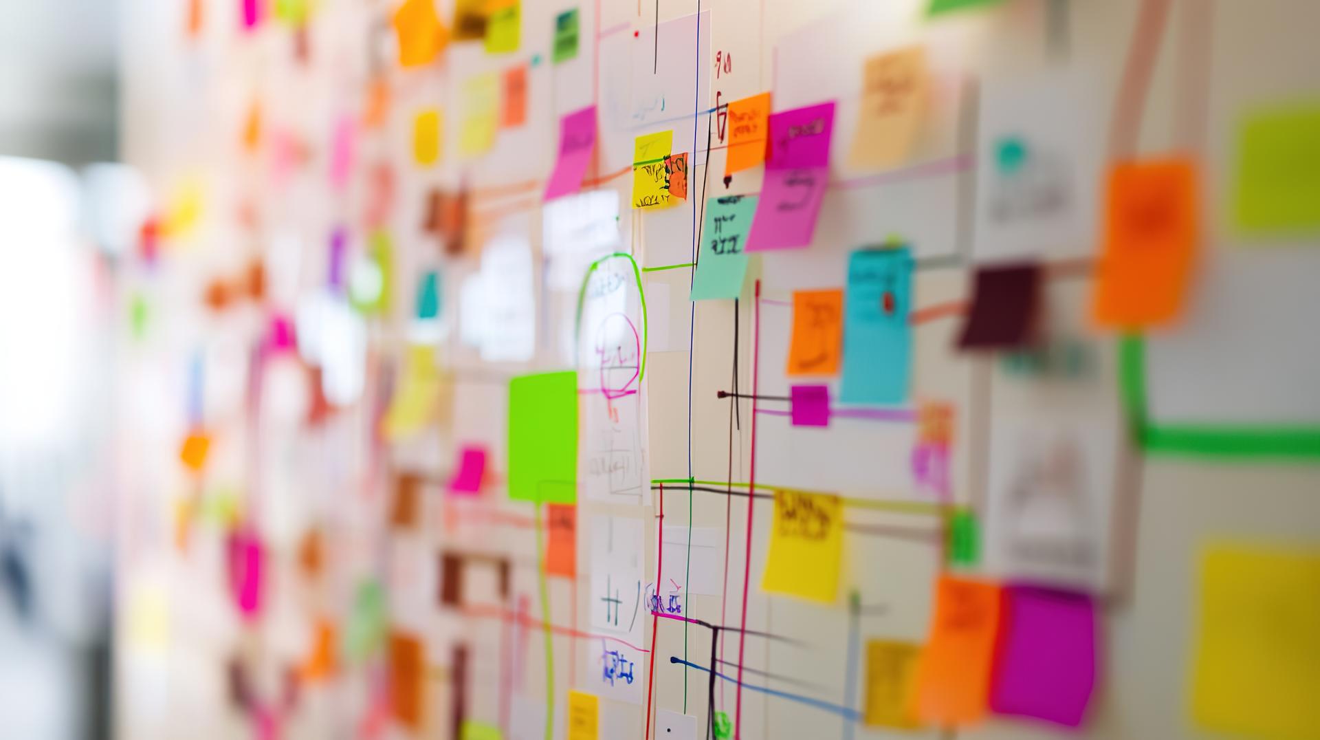 Colorful sticky notes arranged on a wall, forming a complex network of ideas and connections.