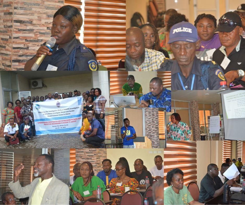 Collage of a community meeting with police, participants speaking, and a banner in the background.