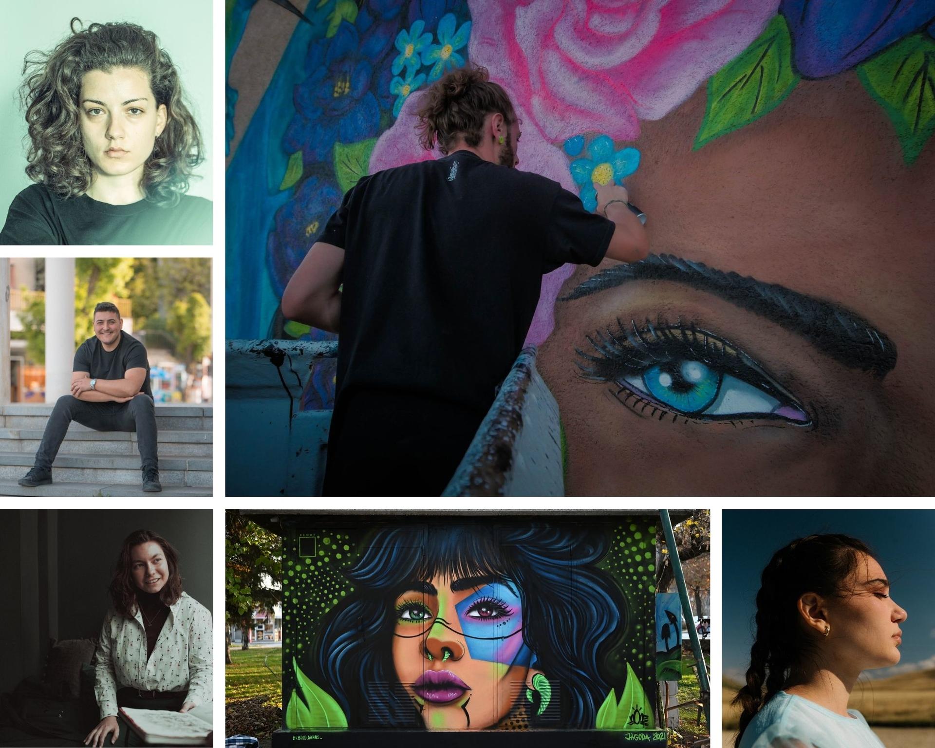 A collage featuring various portraits and a mural of a woman with vibrant flowers.