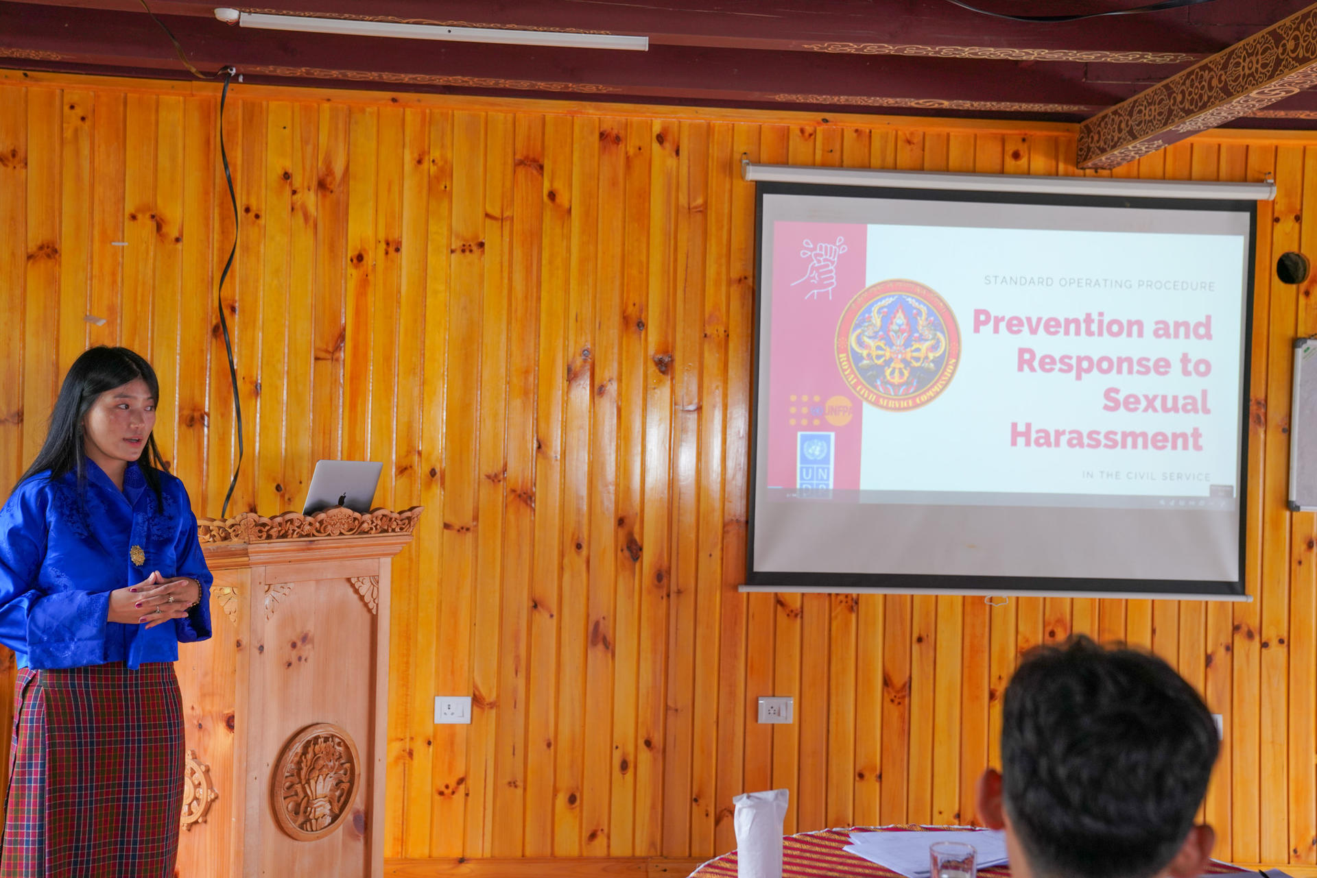 A woman in a blue shirt presents on sexual harassment prevention in a wooden room.