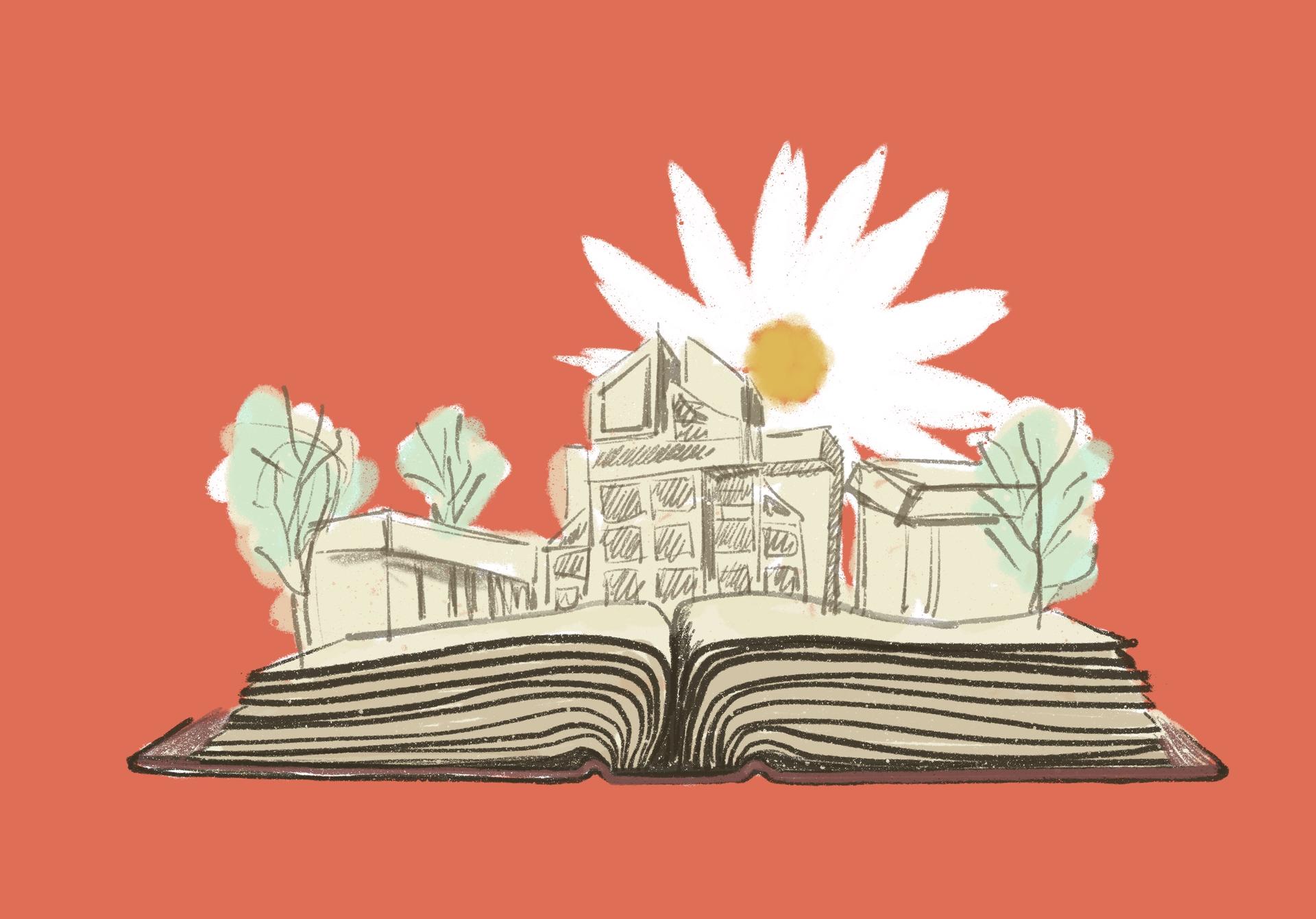 An open book with a drawing of a building, trees, and a flower against a coral background.