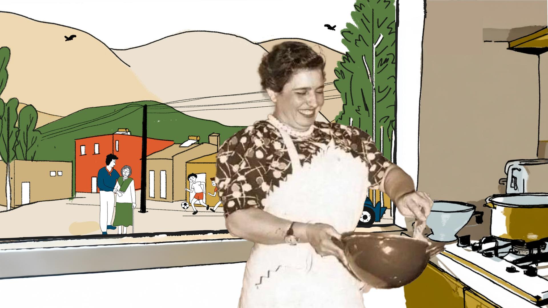 Una mujer revolviendo en un bowl en una cocina, frente a una ventana y un paisaje colorido..