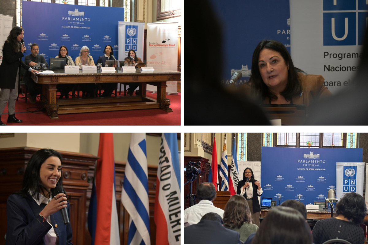 Multiple shots of a conference with speakers at a podium and audience in a formal setting.