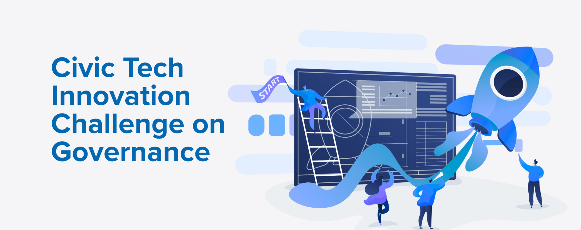 Illustration of people working on a blue rocket and digital board for a civic tech challenge.
