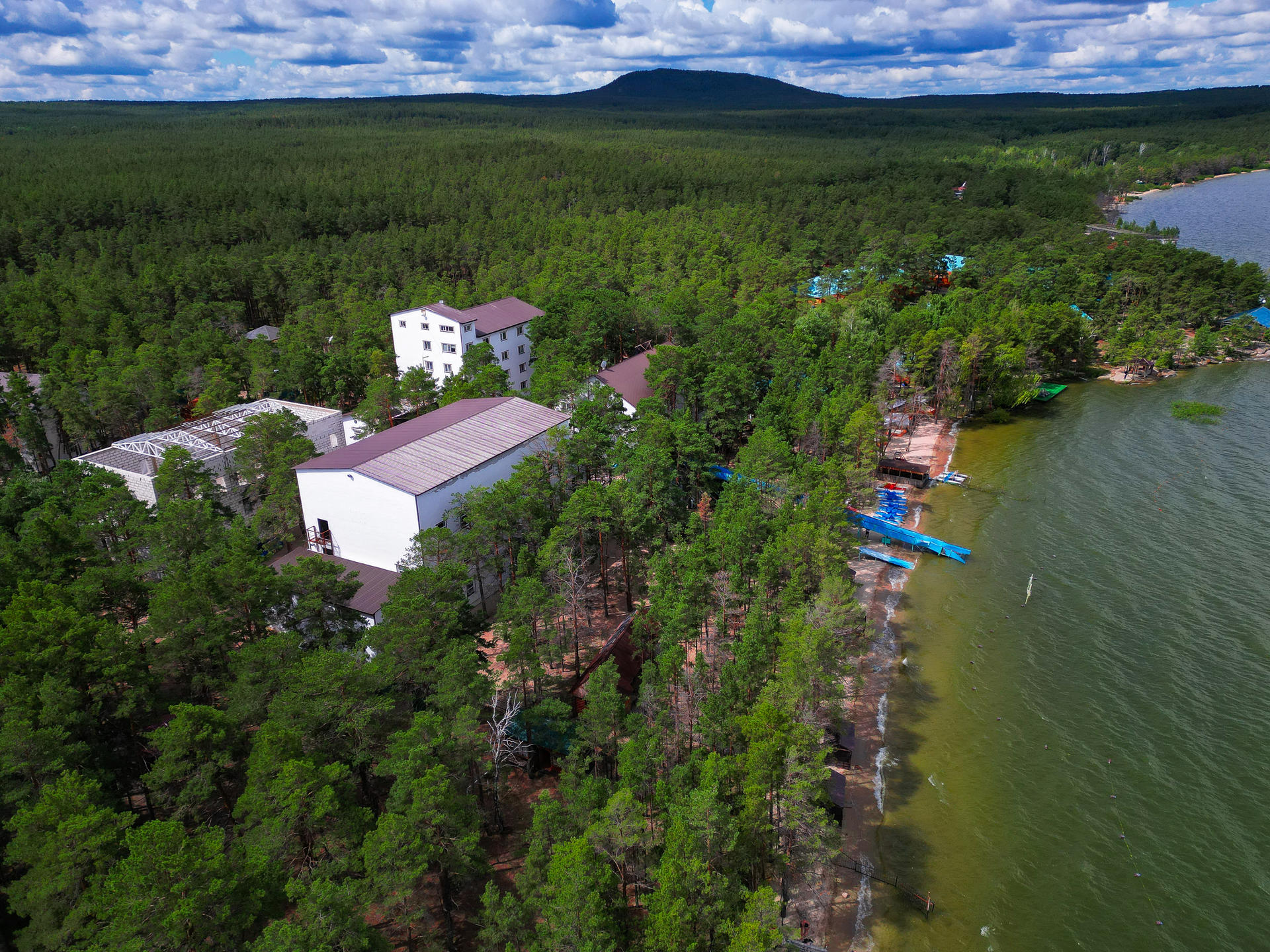 Aerial view of a forested shoreline with buildings and a lake under a cloudy sky.