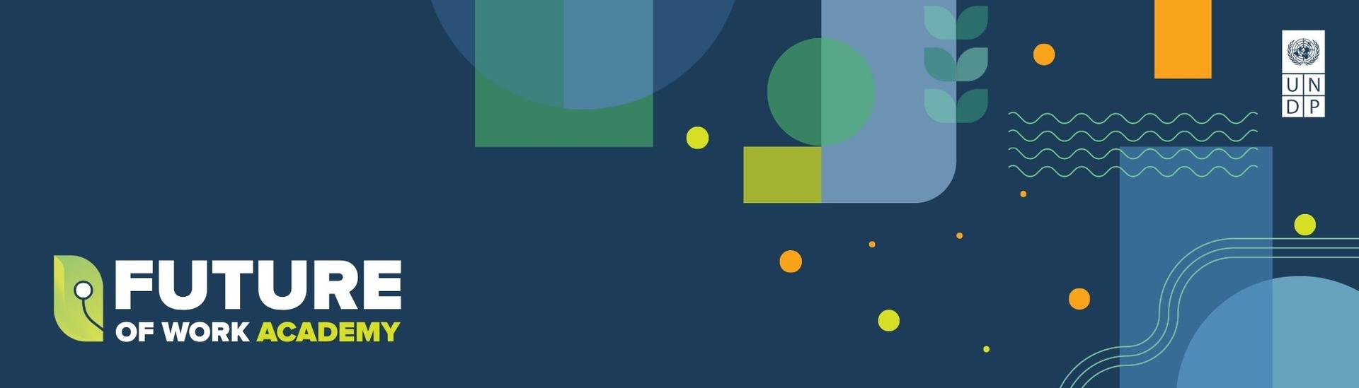 Logo and abstract shapes in blue, green, and yellow for Future of Work Academy.