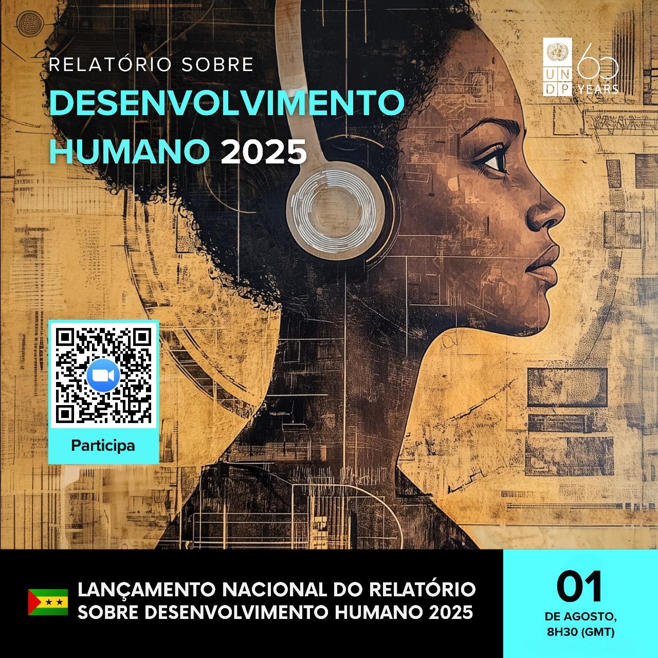 A profile of a woman with headphones against a textured background, featuring text and a QR code.