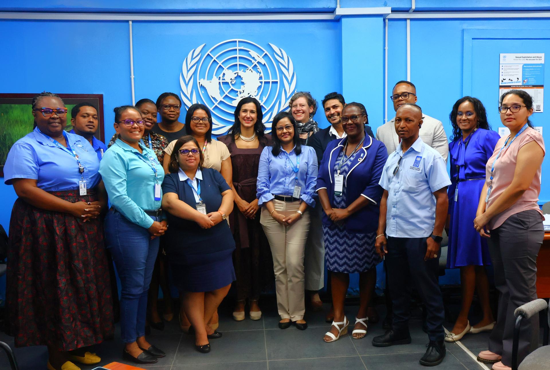 Group photo of diverse professionals standing in front of a UN background.