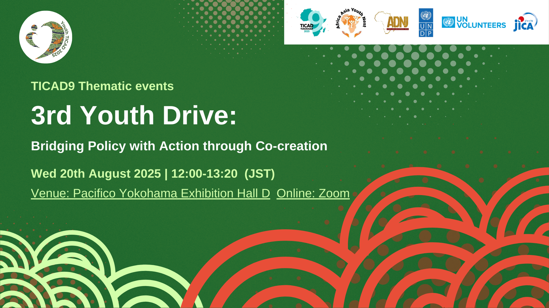3rd Youth Drive event details on a green background with decorative red and green arcs.