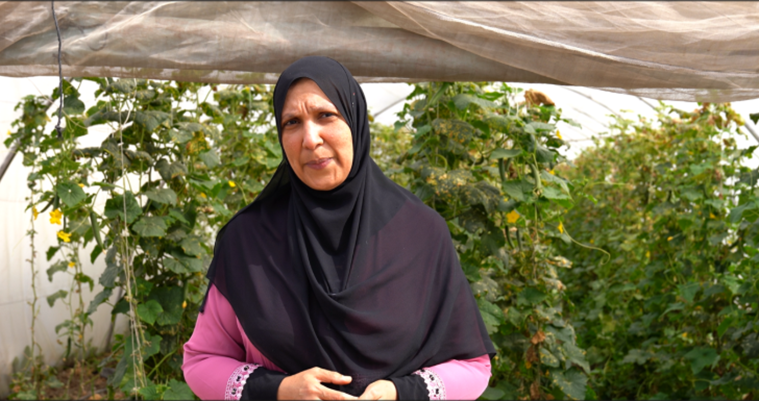 A woman in a black hijab stands in a greenhouse among green plants, looking thoughtfully.