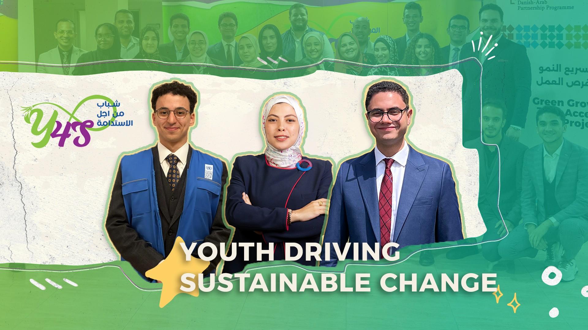 Three professionals pose together with a colorful background, emphasizing youth-led sustainable change.