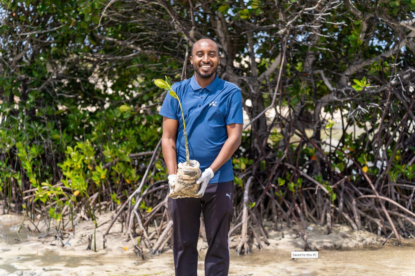 Smiling man holding a young plant in front of a lush mangrove background.