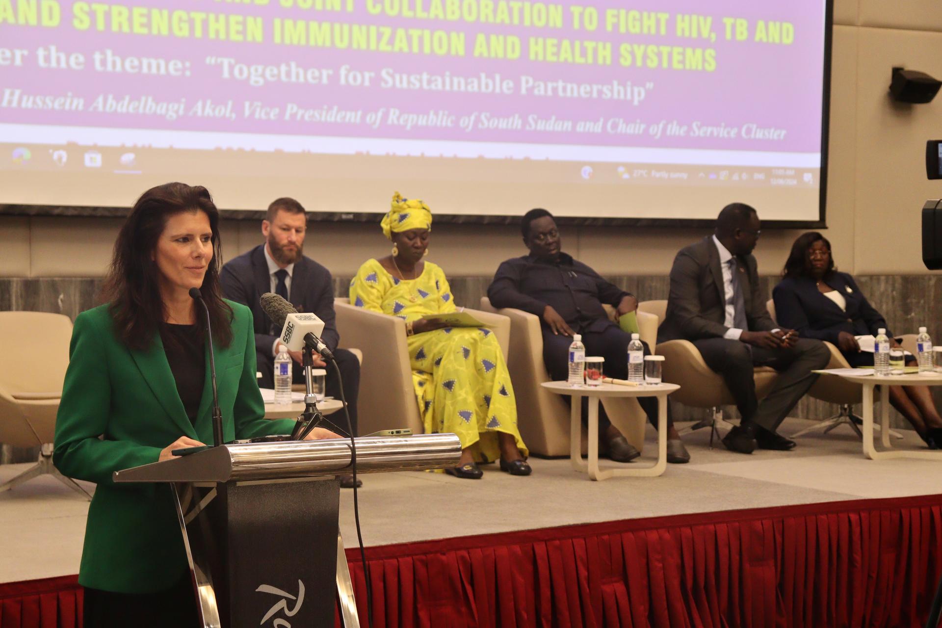 Ms. Amy LaTrielle, the Director Fragile and Conflict-Affected Countries at Gavi Alliance speaks during the Global Fund – GAVI Alliance – High-Level Mission to South Sudan in June 2024