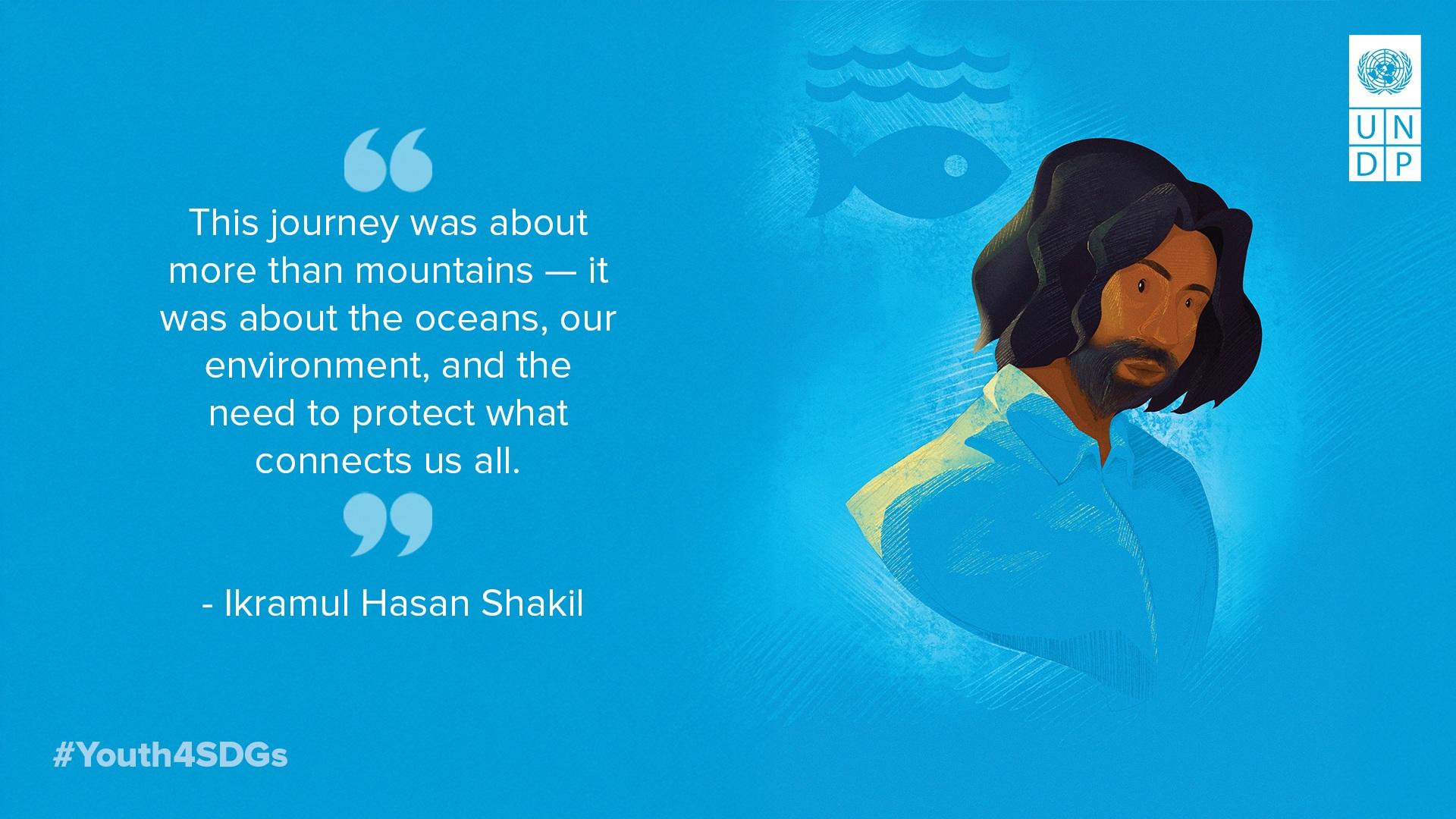 A graphic featuring a man with long hair in a blue setting, highlighting environmental themes.