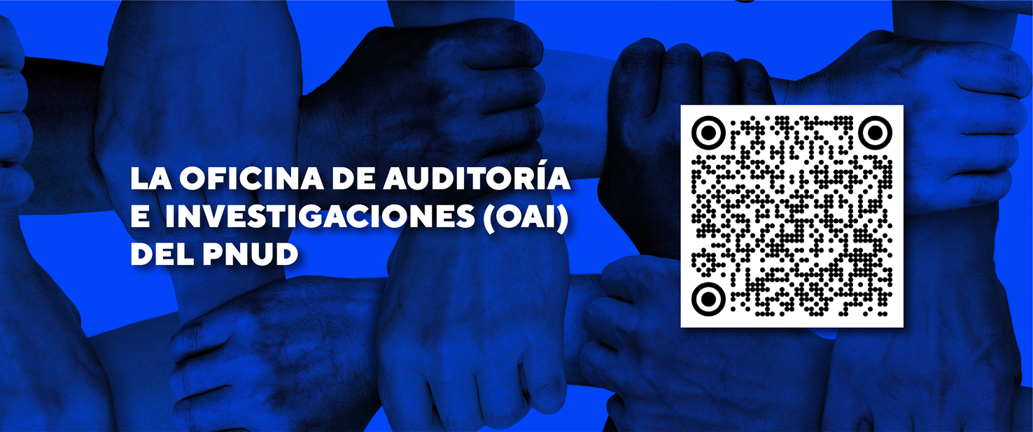 Hands clasped together on a blue background, with a QR code and text.