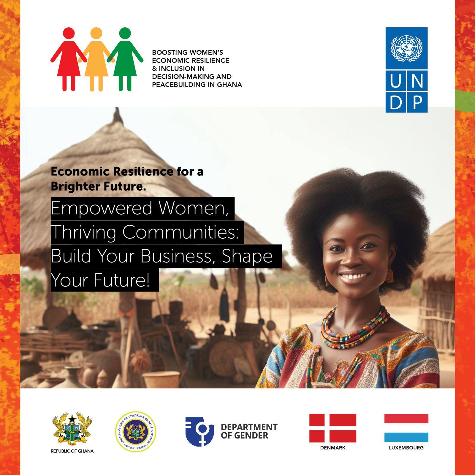 A smiling woman with curly hair stands in front of a village, promoting women's empowerment.