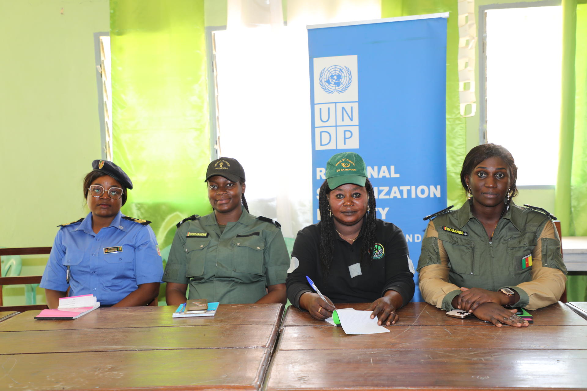 Five officials sit at a wooden table in a bright room, UNDP banner in background.