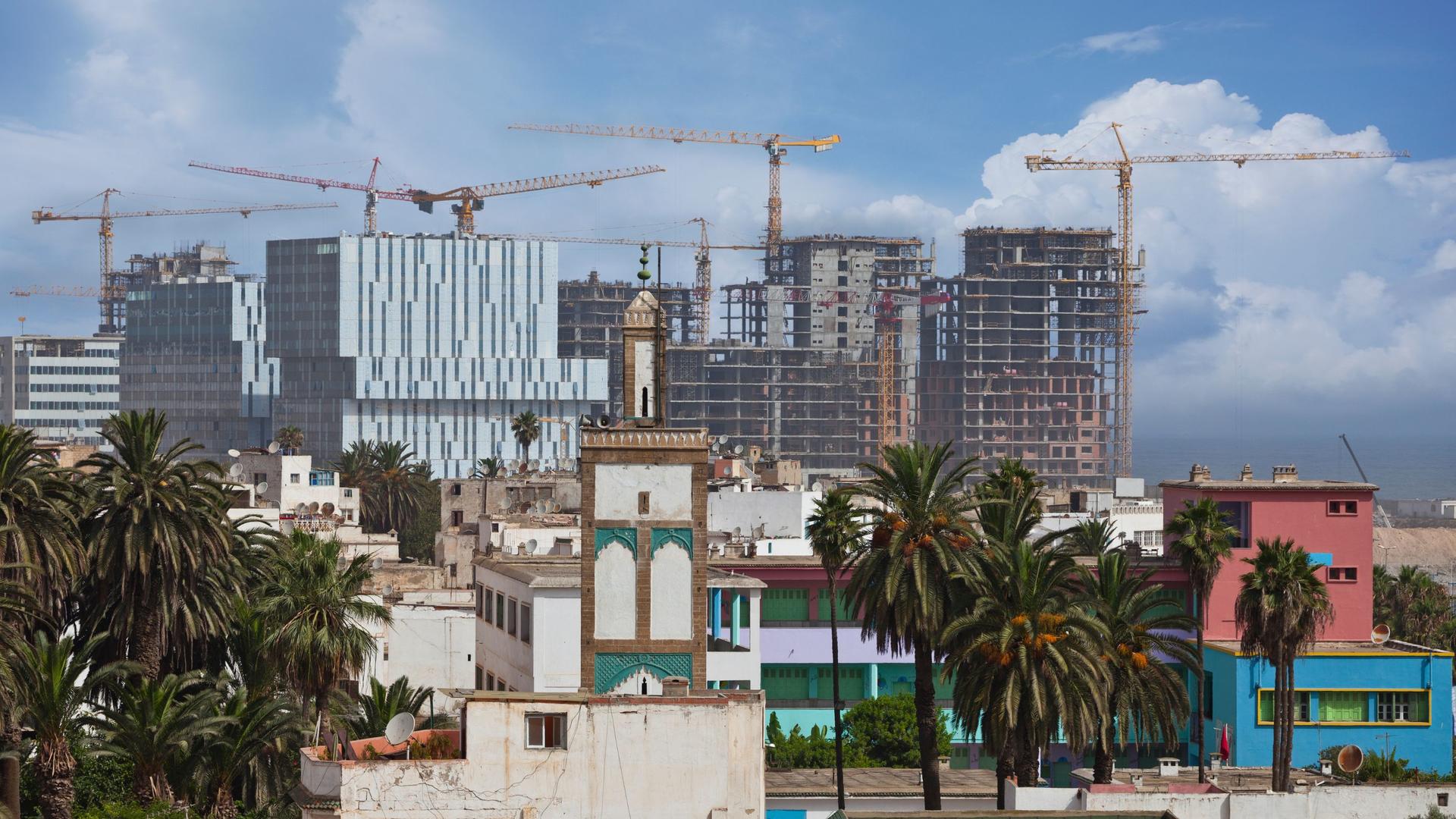 Casablanca with palm trees, colorful low-rise buildings, and construction cranes under a blue sky.