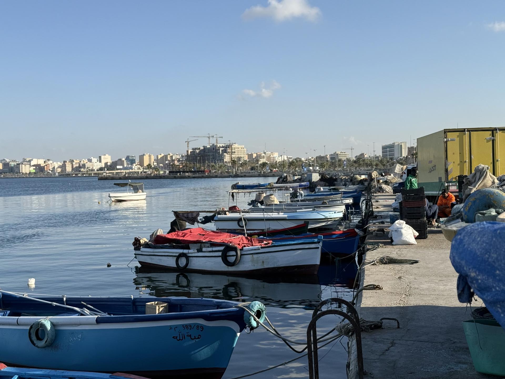 Calm harbor with small boats docked along a quay; city skyline beyond.