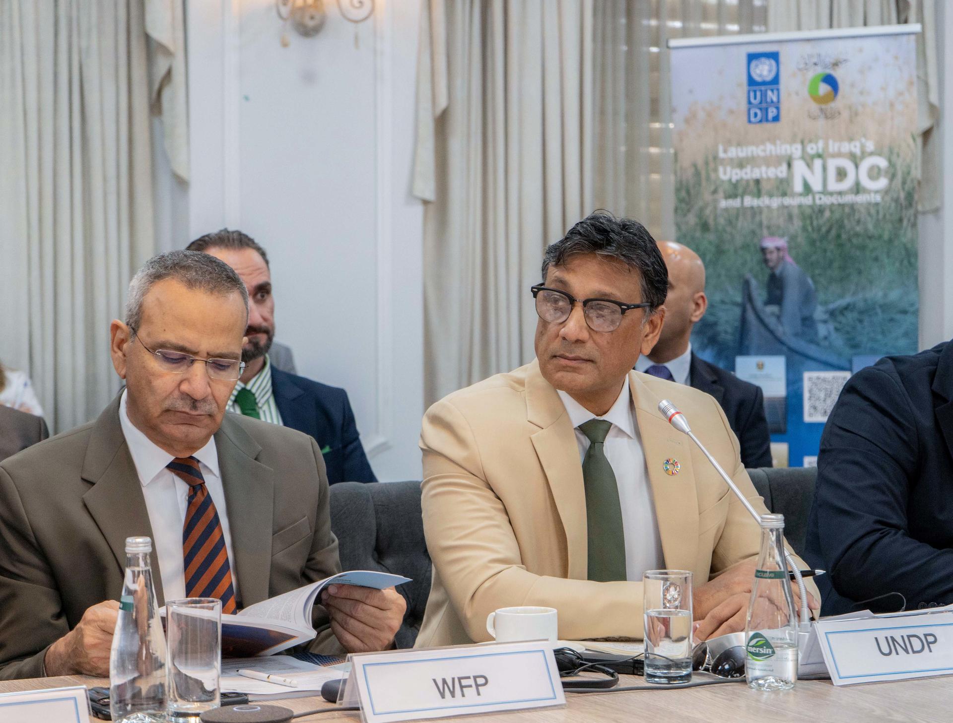 Panelists in suits at a conference table; WFP placard, UNDP logo, water glass, white curtains.