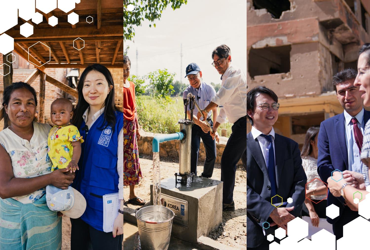 Collage of volunteers: a family with child, a water pump scene, and three men in suits posing.