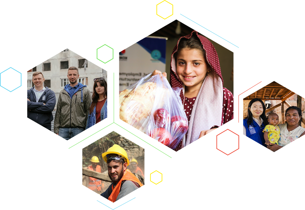 Hexagonal collage of photographs showing people in different settings against a black background.