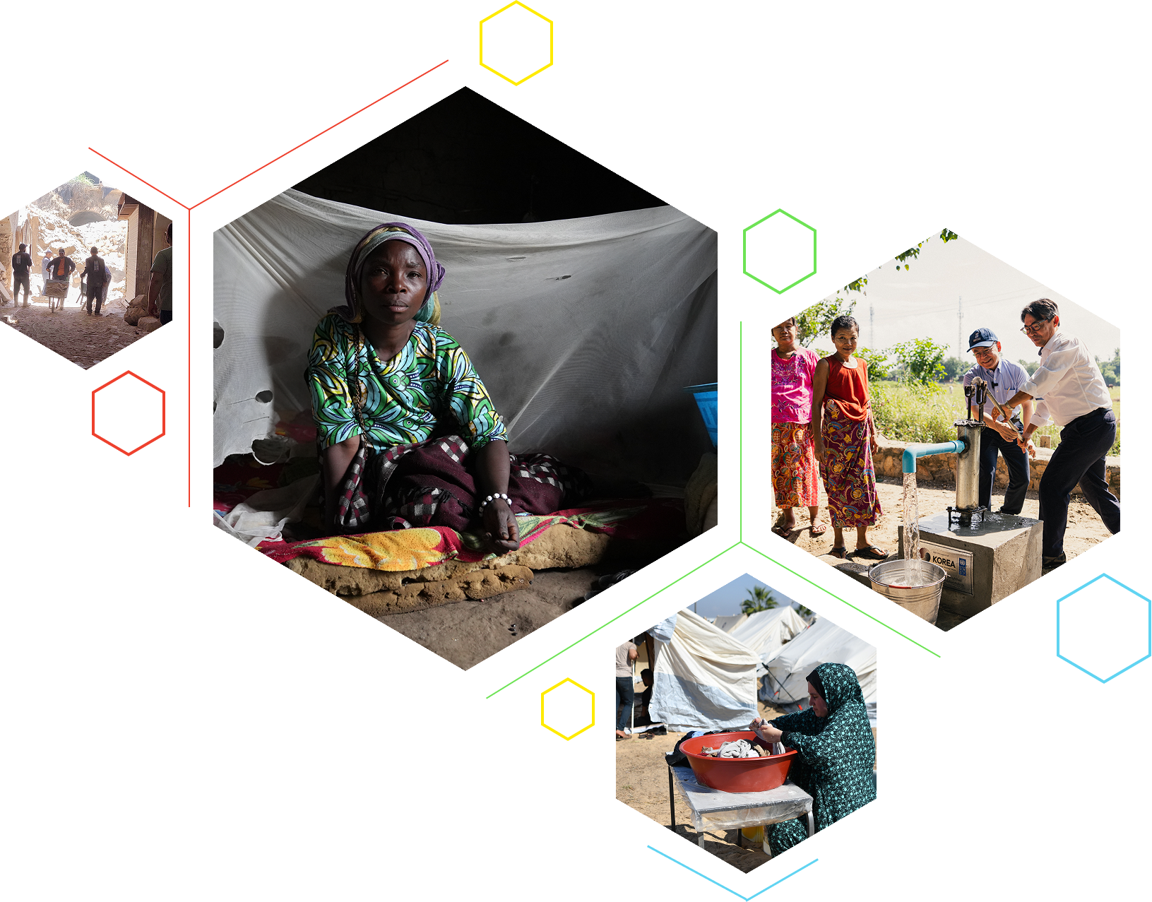 Hexagonal photo collage on black background showing people in different scenes.