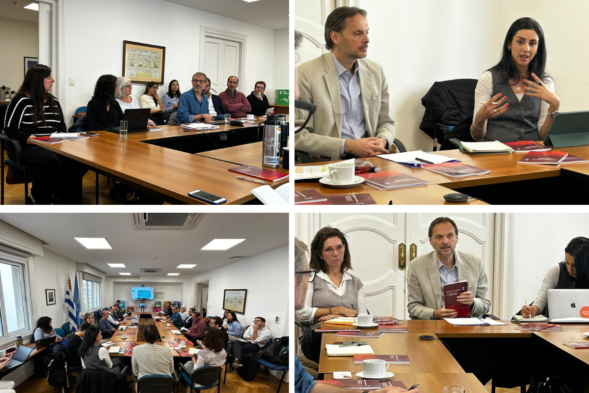 Collage of four photos showing people in classroom and meeting settings.