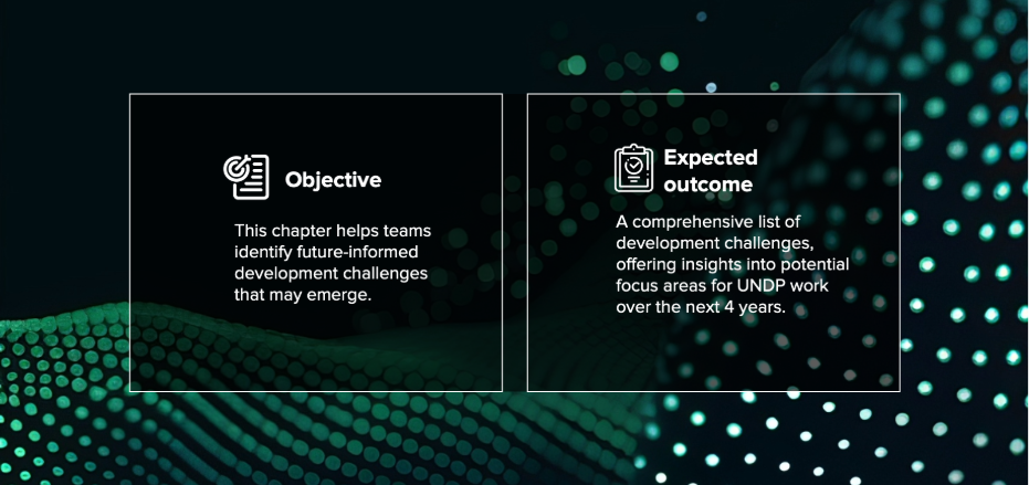Two dark translucent panels labeled Objective and Expected outcomes on a teal dotted backdrop.