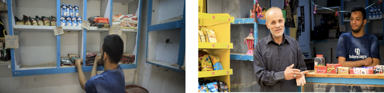 People in a workshop/store with blue shelves and yellow bins, at work.