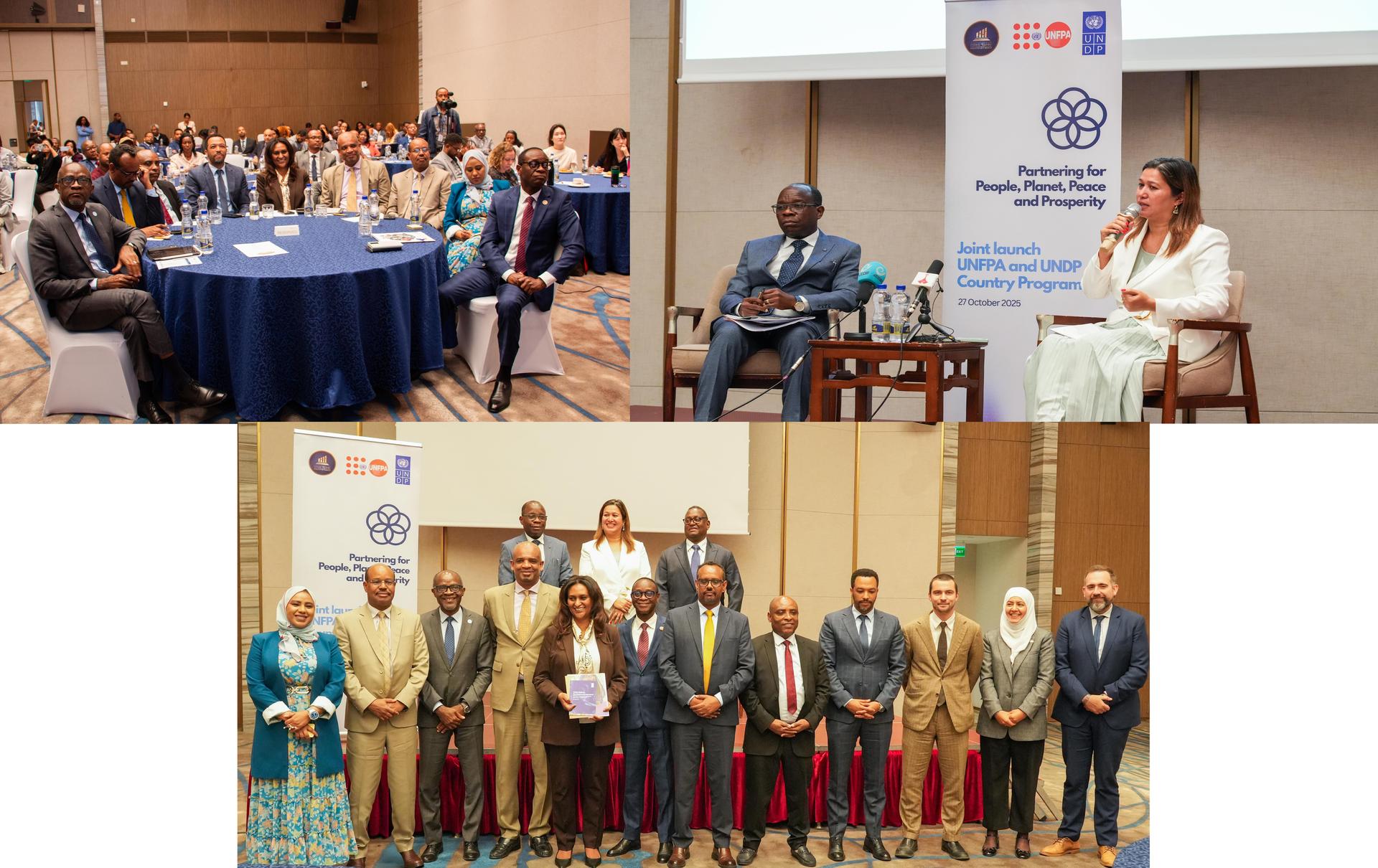 Conference collage: round tables with attendees, speaker at podium, and group photo of delegates.