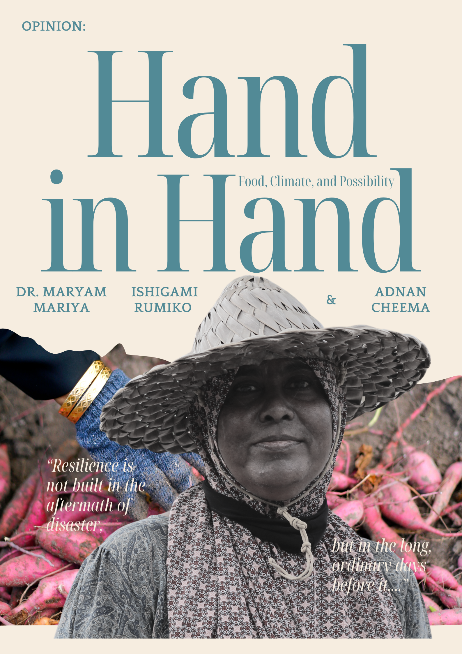 Magazine cover Hand in Hand, teal title, many hands surround a central figure.