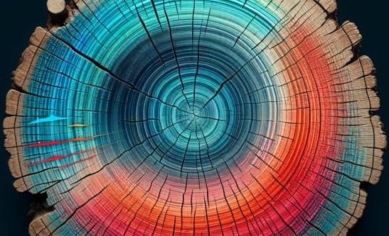 Colorized cross-section of a tree trunk, blue center fading to red outer rings.