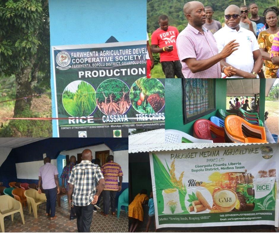 Collage of community event photos with banners about production and fruit products, people talking.
